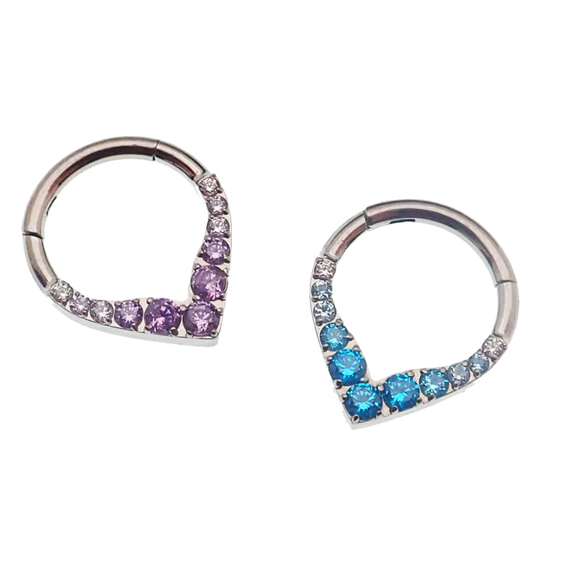 Titanium CZ Heart Point Hinged Clicker earring in 16g with amethyst clear 8mm stone by Body Clickers