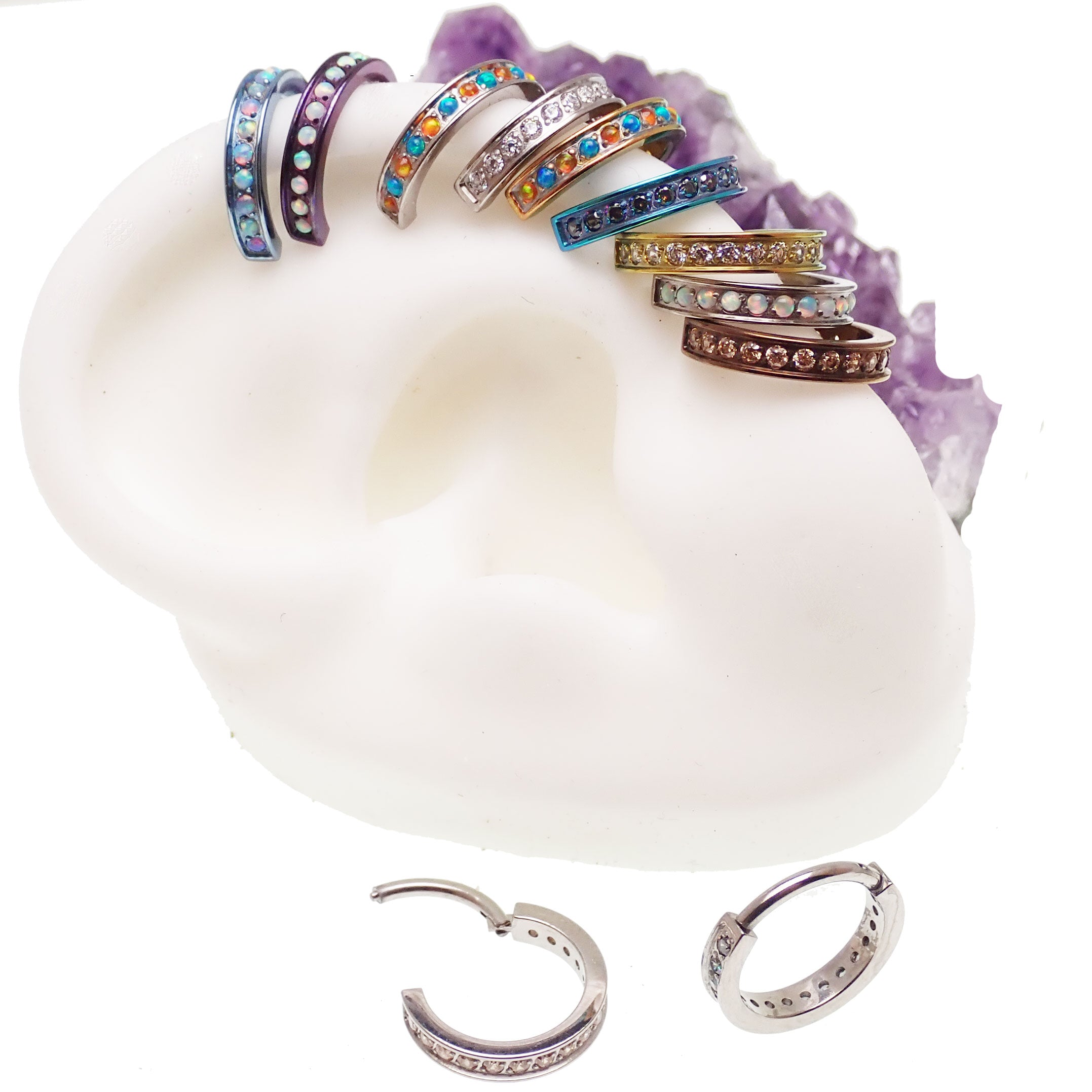 Huggie-style 10mm titanium hinged clicker from Body Clickers with bubblegum opal design, 16g jewelry for piercings.