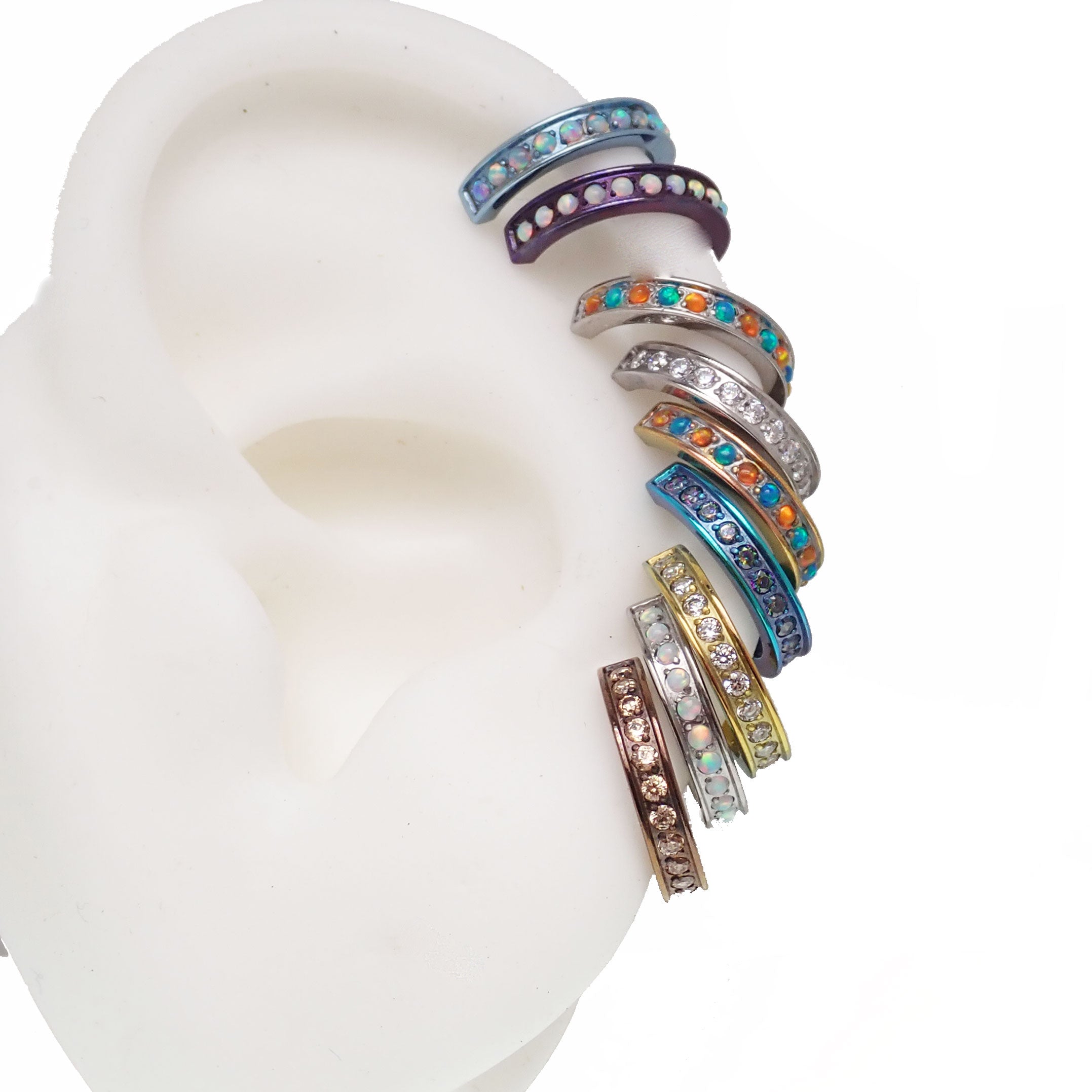 Huggie-style 10mm titanium hinged clicker earring by Body Clickers, featuring a bubblegum opal design in 16g size.
