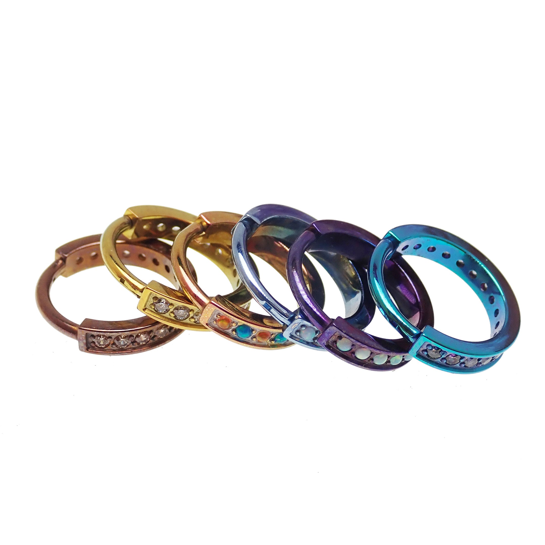 Huggie-style 10mm titanium hinged clicker from Body Clickers with bubblegum opal design, 16g body jewelry for pierced ears