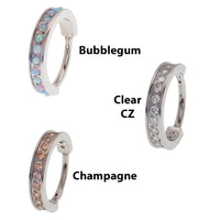 Huggie-style 10mm titanium hinged clicker with bubblegum opal design, 16g Body Clickers jewelry for body piercing.