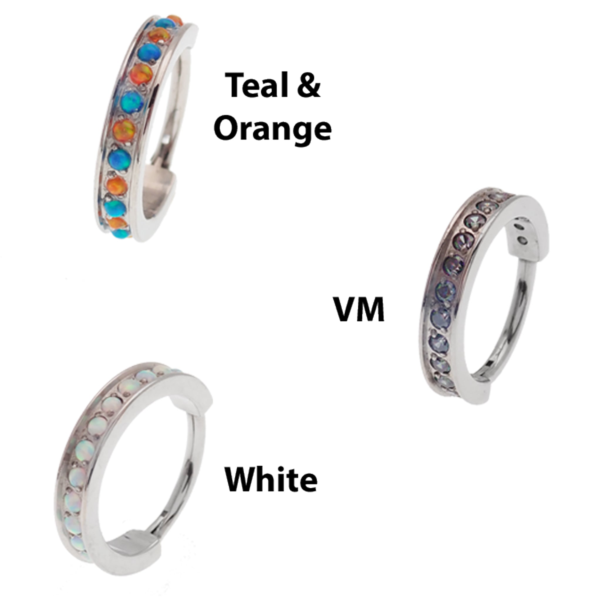 Huggie-style 10mm titanium hinged clicker from Body Clickers with bubblegum opal design, 16g body jewelry for piercings.