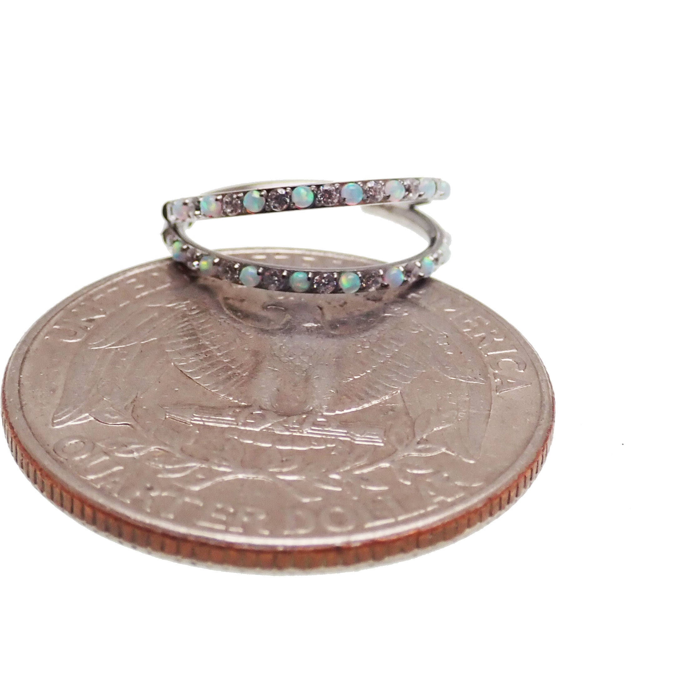 Opal and CZ spread titanium hoop earring, hinged clicker style, 16g from Body Clickers featuring sparkling gemstones.