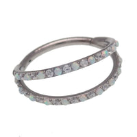Opal and cubic zirconia spread titanium hinged clicker hoop earring in 16g, designed by Body Clickers.