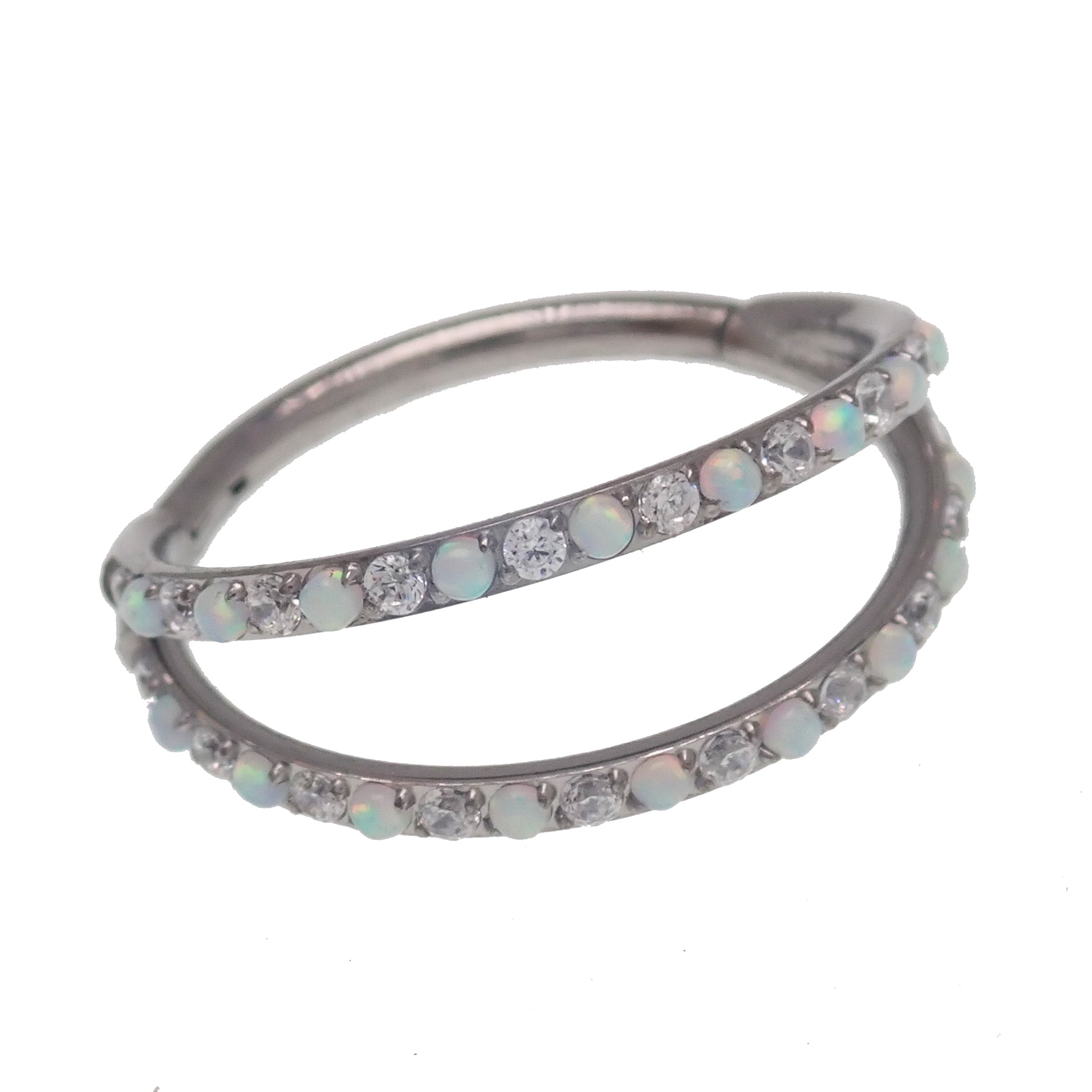 Opal and cubic zirconia spread titanium hinged clicker hoop earring in 16g, designed by Body Clickers.