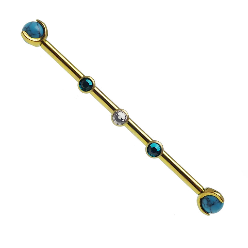 Turquoise and zircon titanium industrial piercing in 14g with a sleek 32mm bar, featuring vibrant turquoise stones and durable titanium.