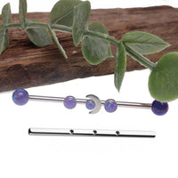 Deluxe Sleepy Lavender Opal Moon industrial barbell by Body Clickers, 14g, 32mm length, with lavender opal design in the image.