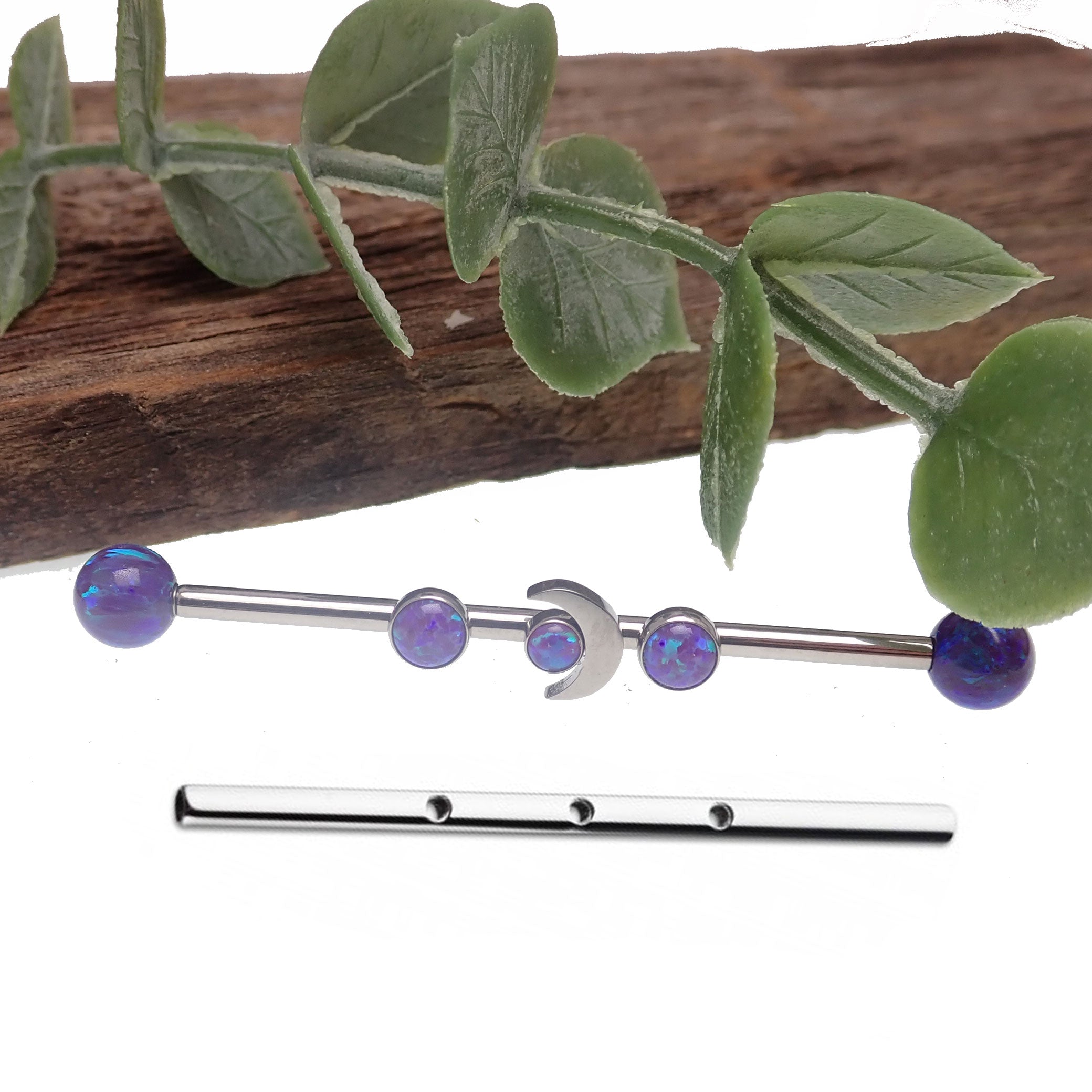 Deluxe Sleepy Lavender Opal Moon industrial barbell by Body Clickers, 14g, 32mm length, with lavender opal design in the image.