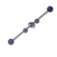 Industrial barbell by Body Clickers with lavender opal moon design, 14g, 32mm length, suitable for industrial piercings.