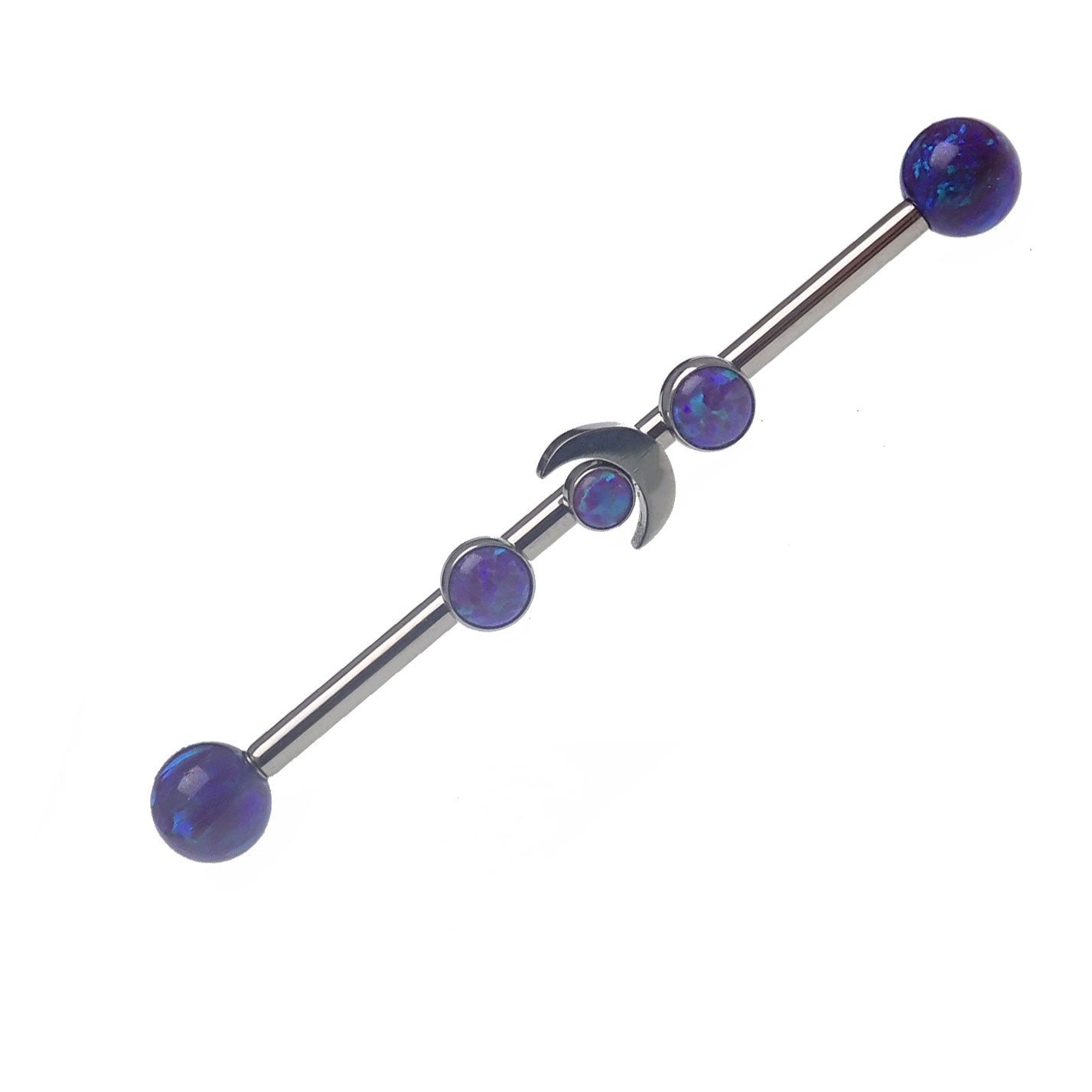 Industrial barbell by Body Clickers with lavender opal moon design, 14g, 32mm length, suitable for industrial piercings.