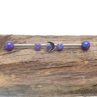 Deluxe Sleepy Lavender Opal Moon Body Clickers industrial bar with 14g gauge, featuring a silver-tone moon design and lavender opal accents.