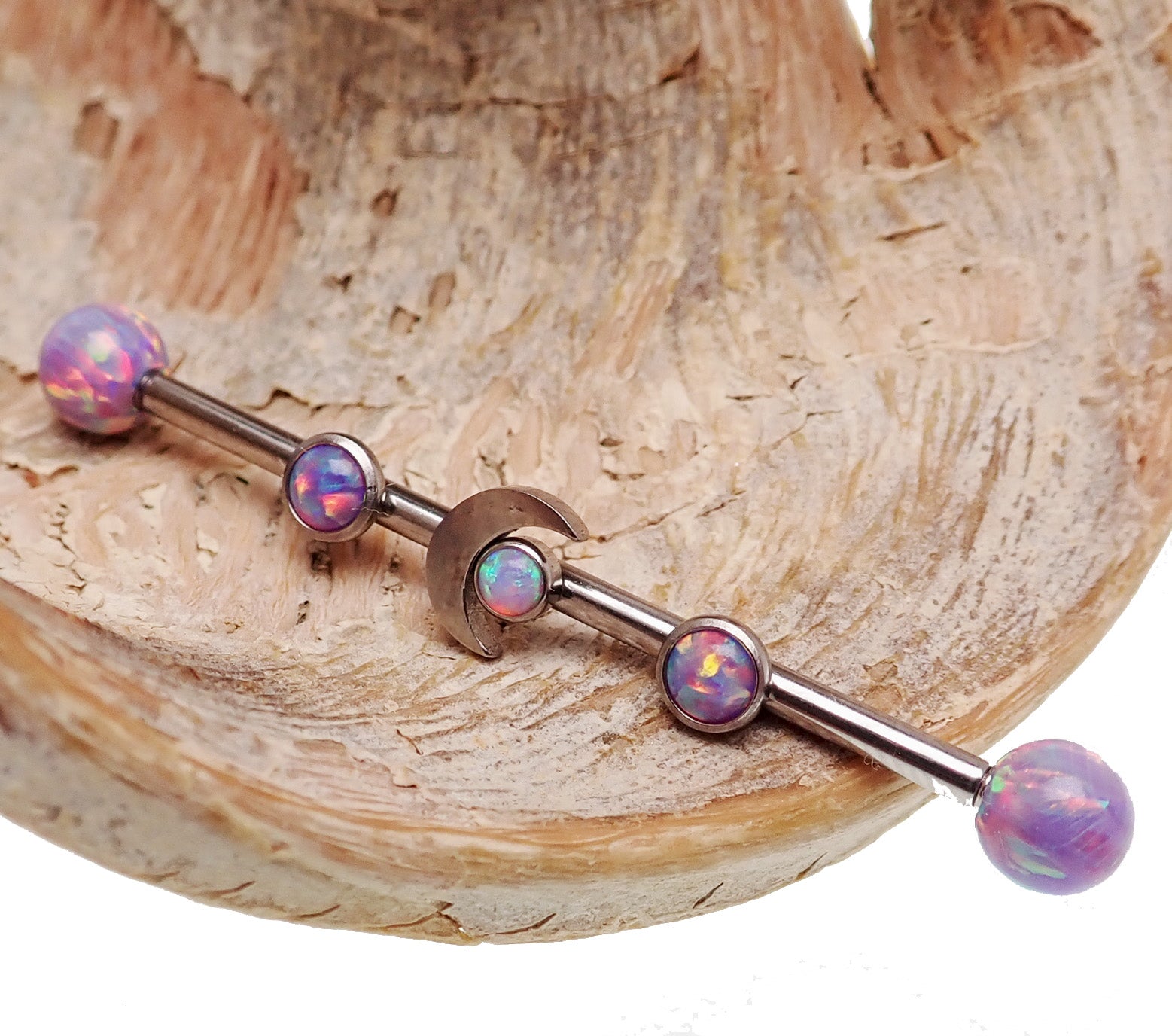 Deluxe Multi Lavender Opal Moon industrial scaffold piercing by Body Clickers, 14g stainless steel body jewelry with lavender opal design.