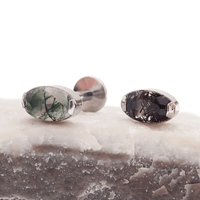 Semi-precious moss agate oval titanium flatback piercing by Body Clickers, 18g internally threaded body jewelry.
