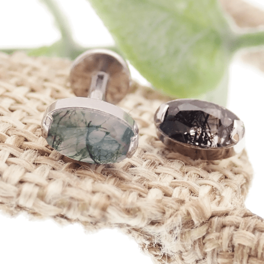 Semi-precious oval moss agate titanium flatback piercing by Body Clickers, internally threaded, 18g, 6mm size.