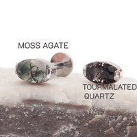 Semi-precious moss agate oval titanium flatback piercing by Body Clickers, 18G, internally threaded for comfortable wear.