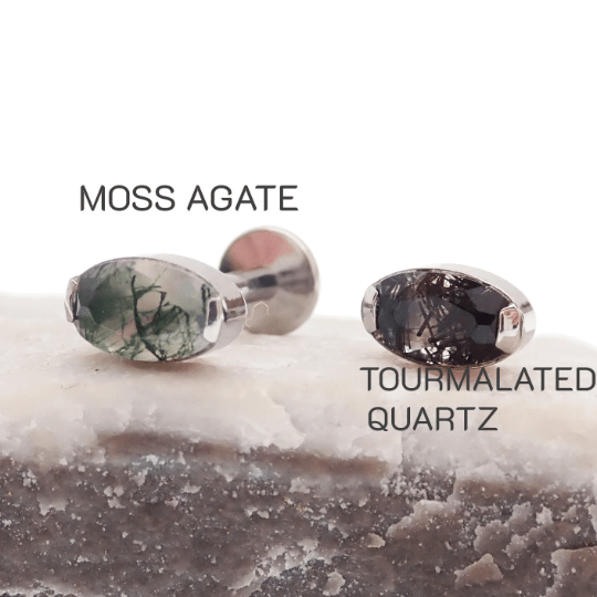 Semi-precious moss agate oval titanium flatback piercing by Body Clickers, 18G, internally threaded for comfortable wear.