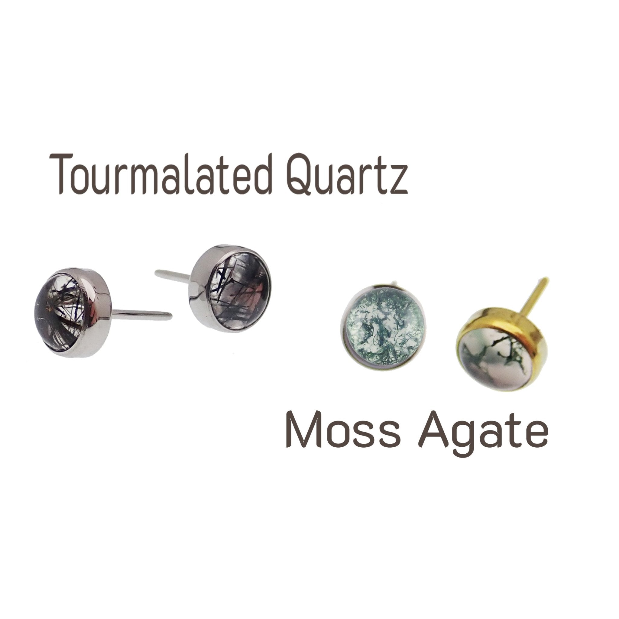 Close-up of the top part of a Moss Agate and Tourmalated Quartz titanium push fit body jewelry by Body Clickers.