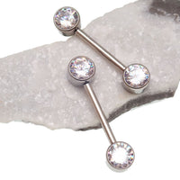 Titanium push-fit nipple piercing jewelry with cubic zirconia accents from Body Clickers, 12 gauge, 5mm to 12mm length.