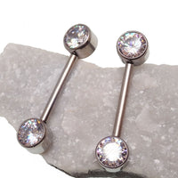 Titanium push fit nipple jewelry with CZ gemstone, 12g size, 5mm and 12mm lengths, by Body Clickers, for nipple piercing.