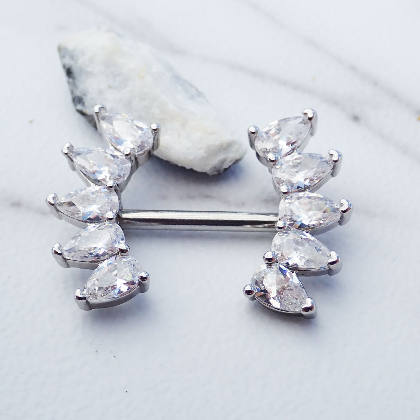Steel CZ Cluster Nipple Piercing in 14g with 12mm length by Body Clickers, featuring a shiny steel and cubic zirconia cluster design.