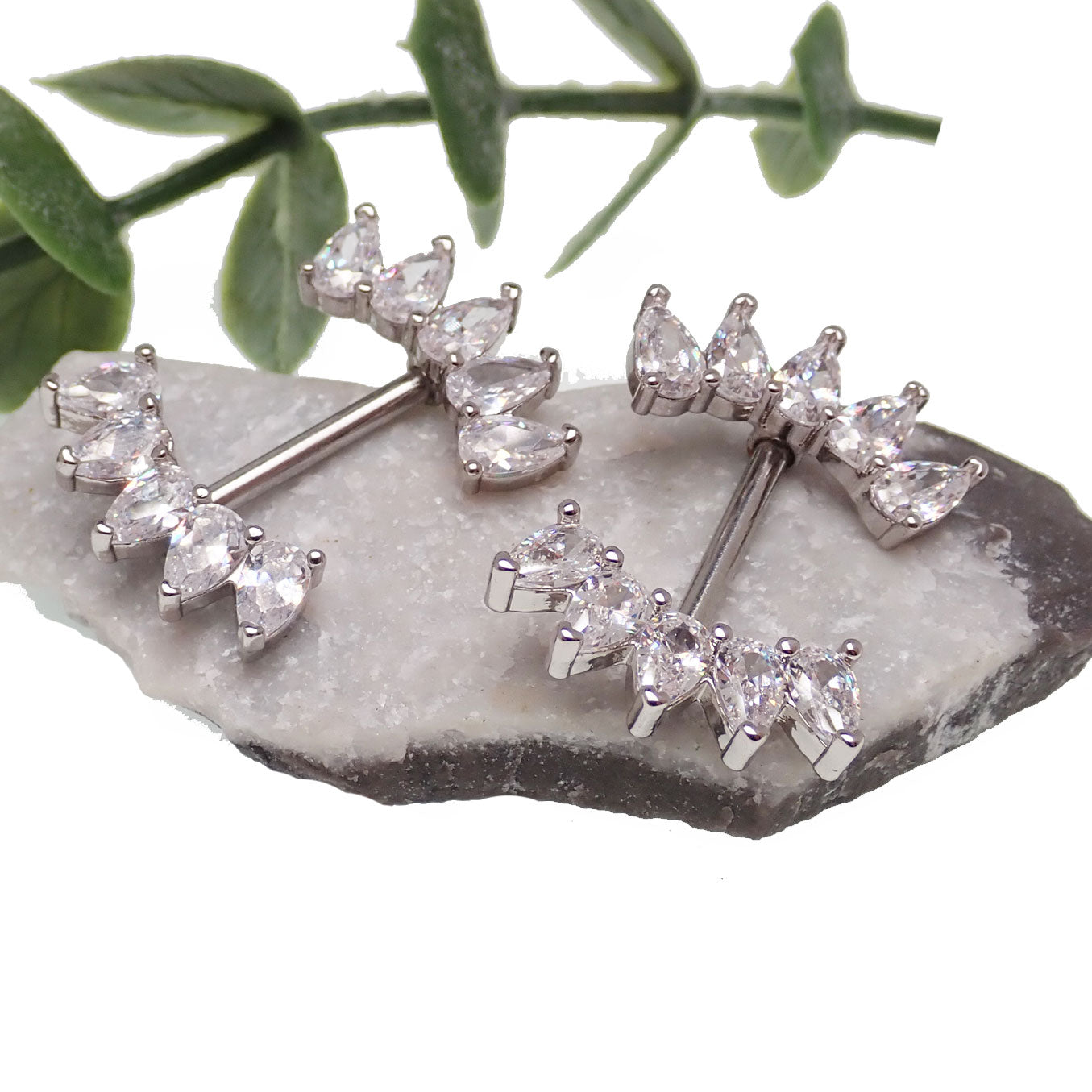 Steel CZ cluster nipple piercing in 14g by Body Clickers, featuring a 12mm single steel nipple jewelry with sparkling cubic zirconia.