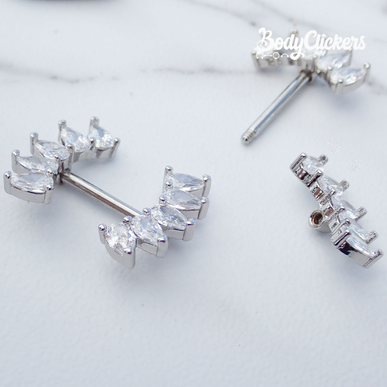Steel CZ Cluster Nipple Piercing in 14g with 12mm length, featuring a shiny silver design by Body Clickers.