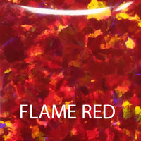 Flame red opal titanium nipple bar piercing by Body Clickers, 14g and 12g, featuring an 8mm decorative bar with vibrant red opal.
