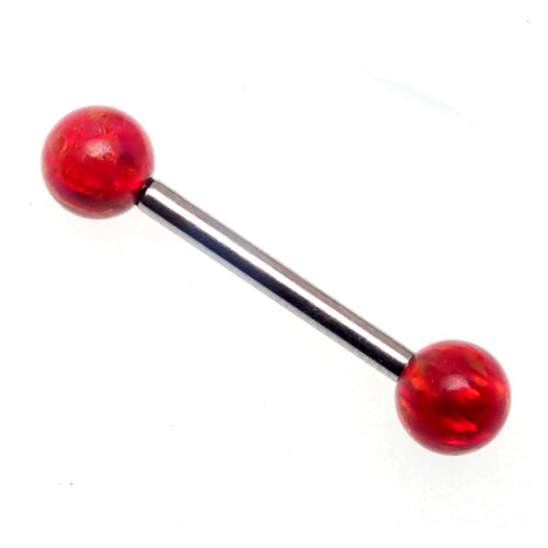 Body Clickers flame red opal titanium nipple piercing bar in 14g and 12g with 8mm length, featuring vibrant red opal accents.