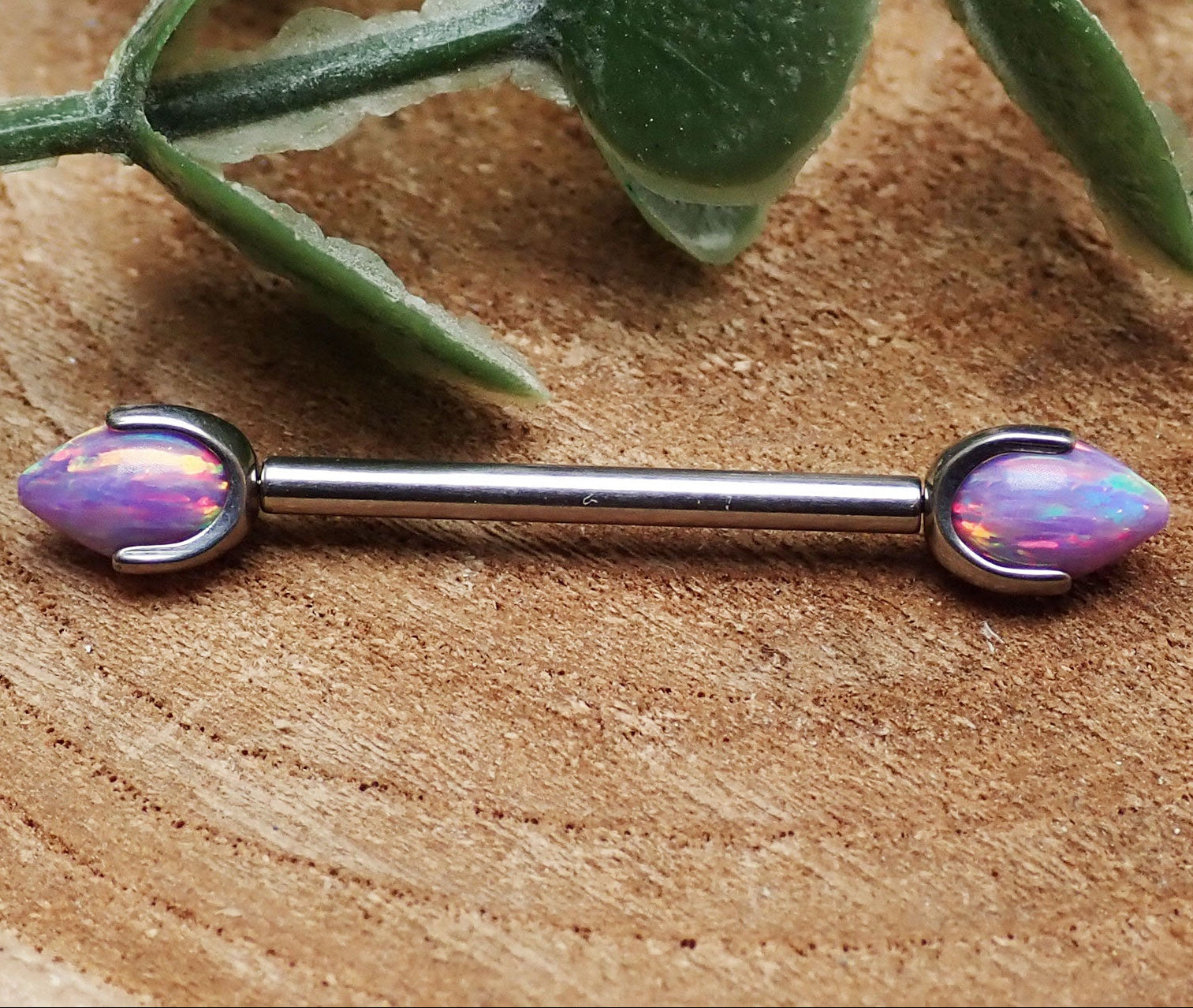 Titanium push fit nipple piercing with multi lavender fire opal bullet cones, 16G, 12mm from Body Clickers.