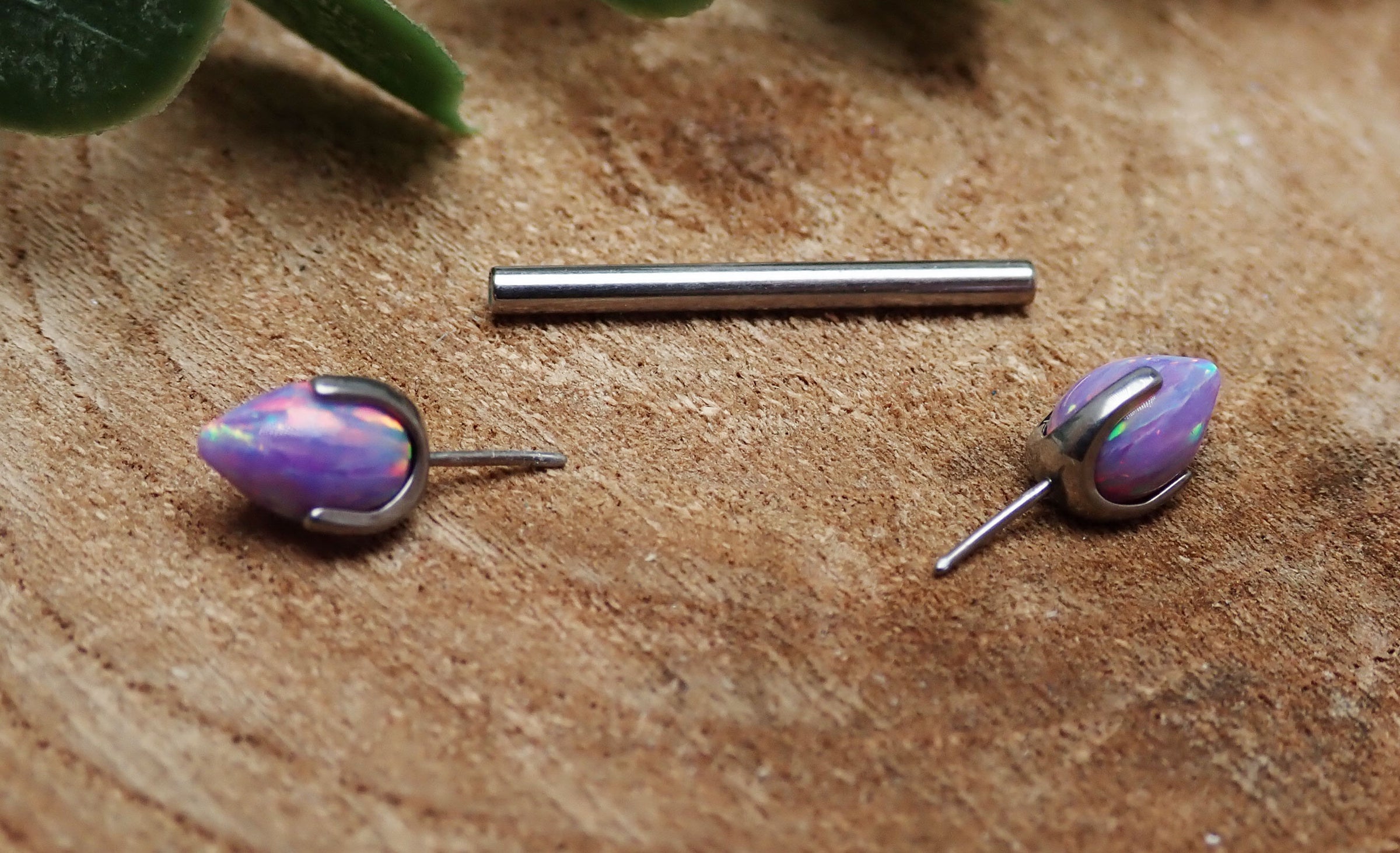 Titanium push-fit nipple piercing with lavender fire opal bullet cones by Body Clickers, 16g, 12mm length.
