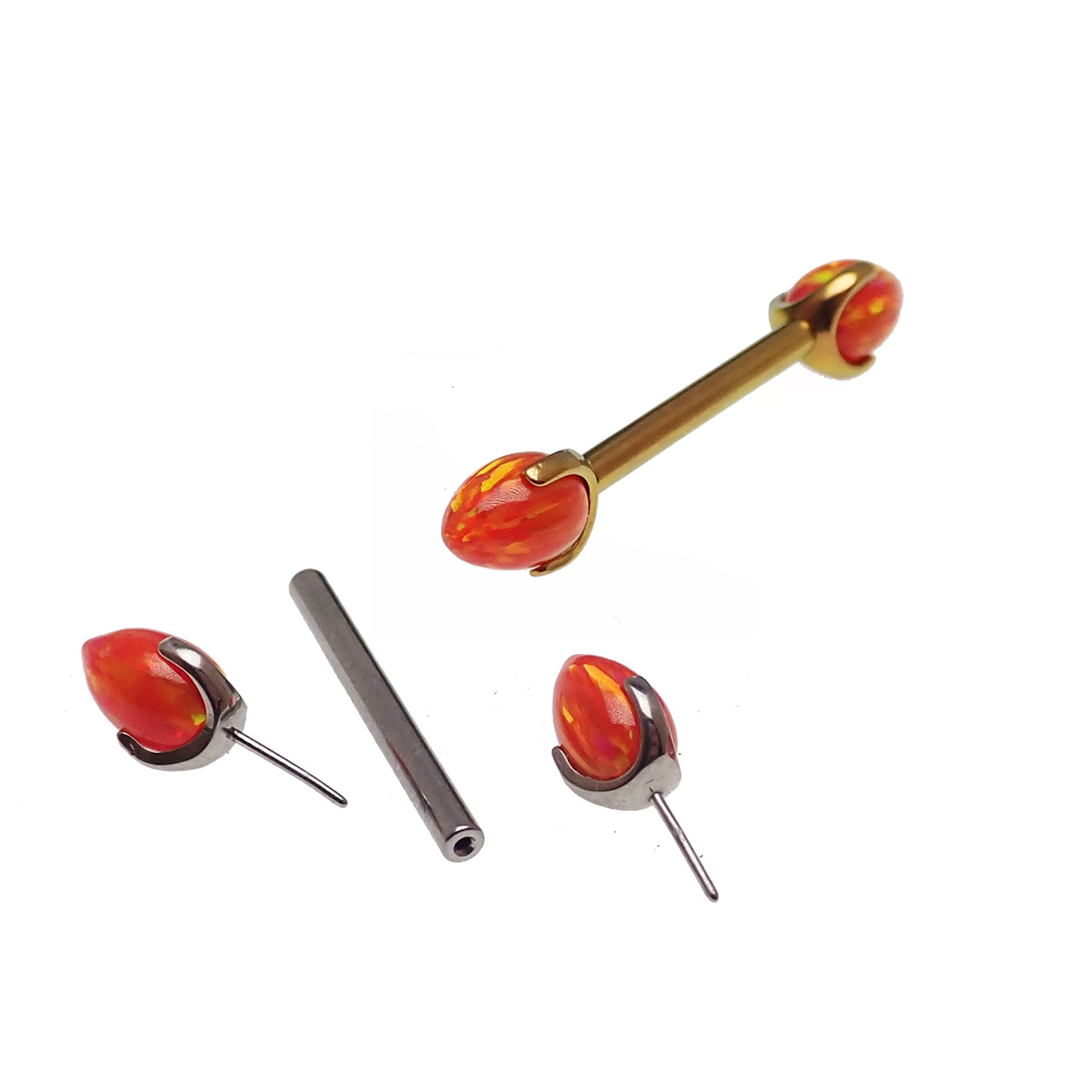 Titanium push fit nipple piercing with orange bullet cones, 16G, 12mm, by Body Clickers, featuring a sleek, modern design.