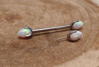 Titanium push fit nipple piercing by Body Clickers featuring white fire opal bullet cones, 16g, 12mm length.