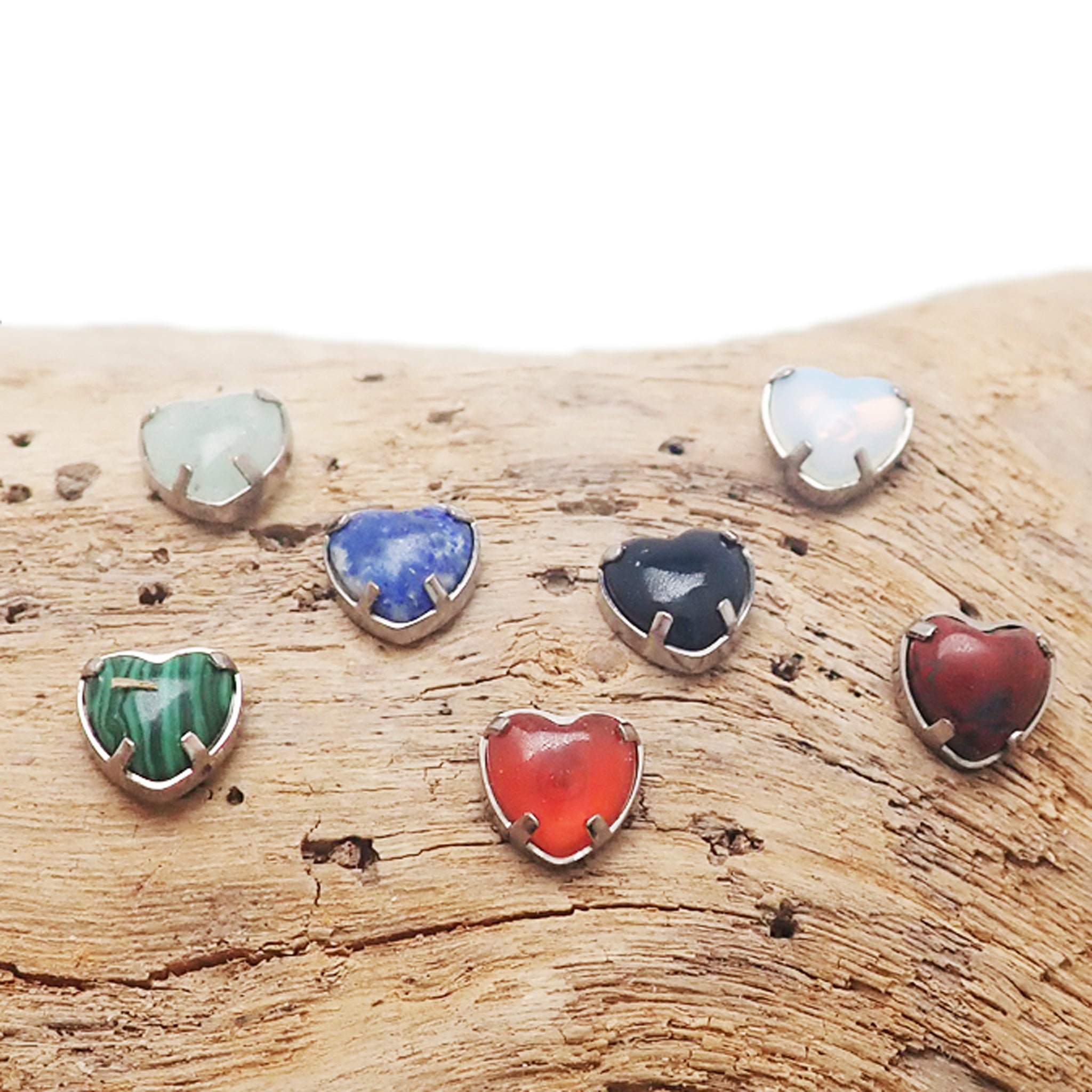 Natural stone heart push fit titanium flatback piercing by Body Clickers in 14g to 20g sizes with bloodstone design.