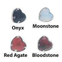 Natural stone heart push fit titanium flatback piercing by Body Clickers in 14g to 20g gauges with bloodstone design.