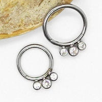 Hinged septum clicker with triple CZ stones in 16g Body Clickers jewelry, featuring an 8mm design and secure hinge closure.