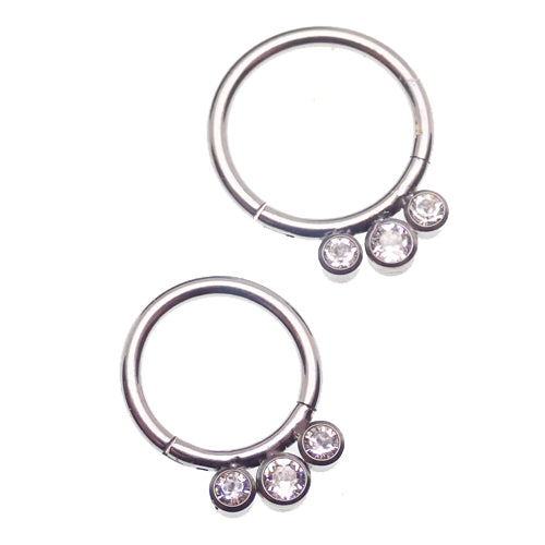Hinged septum clicker with triple CZ stones in 16g body clickers jewelry, featuring an 8mm design with sparkling stones.