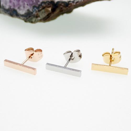 Pair of Body Clickers T-Bar minimalist flat bar stud earrings in surgical steel, featuring a sleek and simple design.