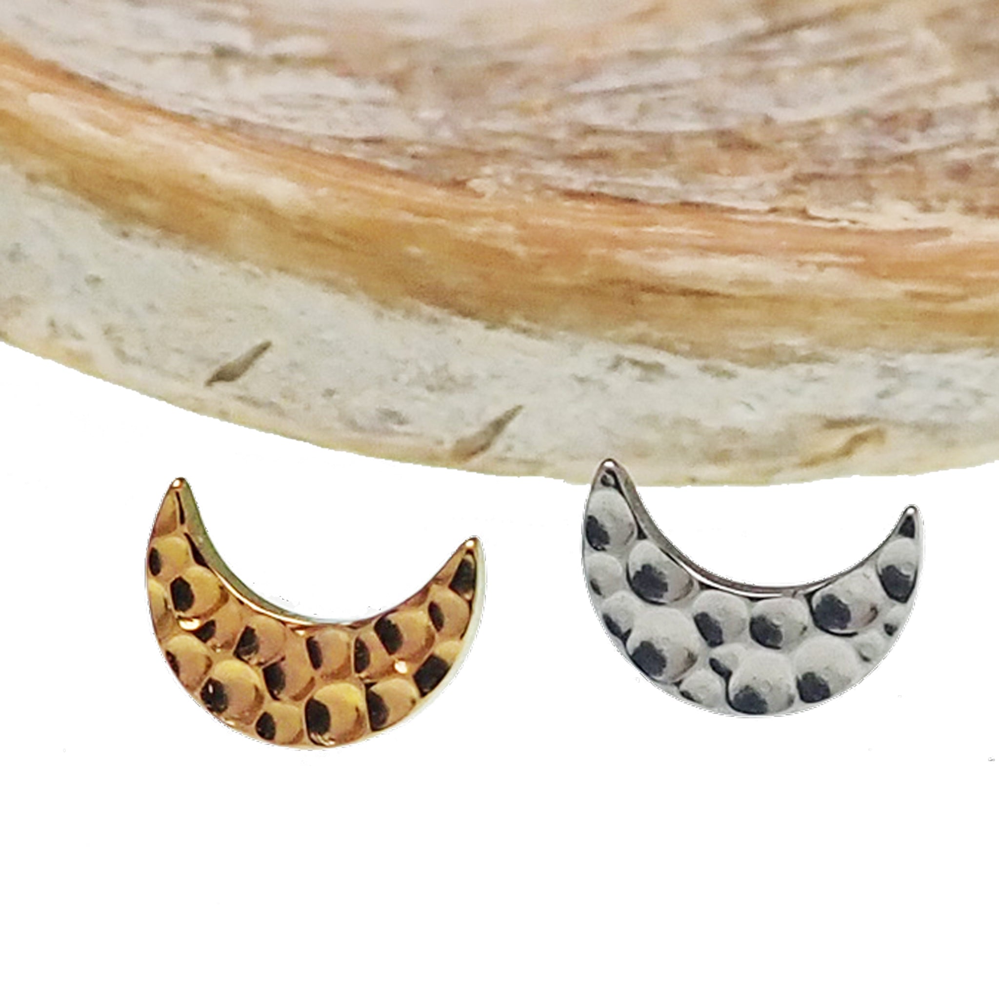 Hammered Moon Titanium Top Only earrings from Body Clickers, 16g and 14g flat back titanium jewelry with hammered moon design.