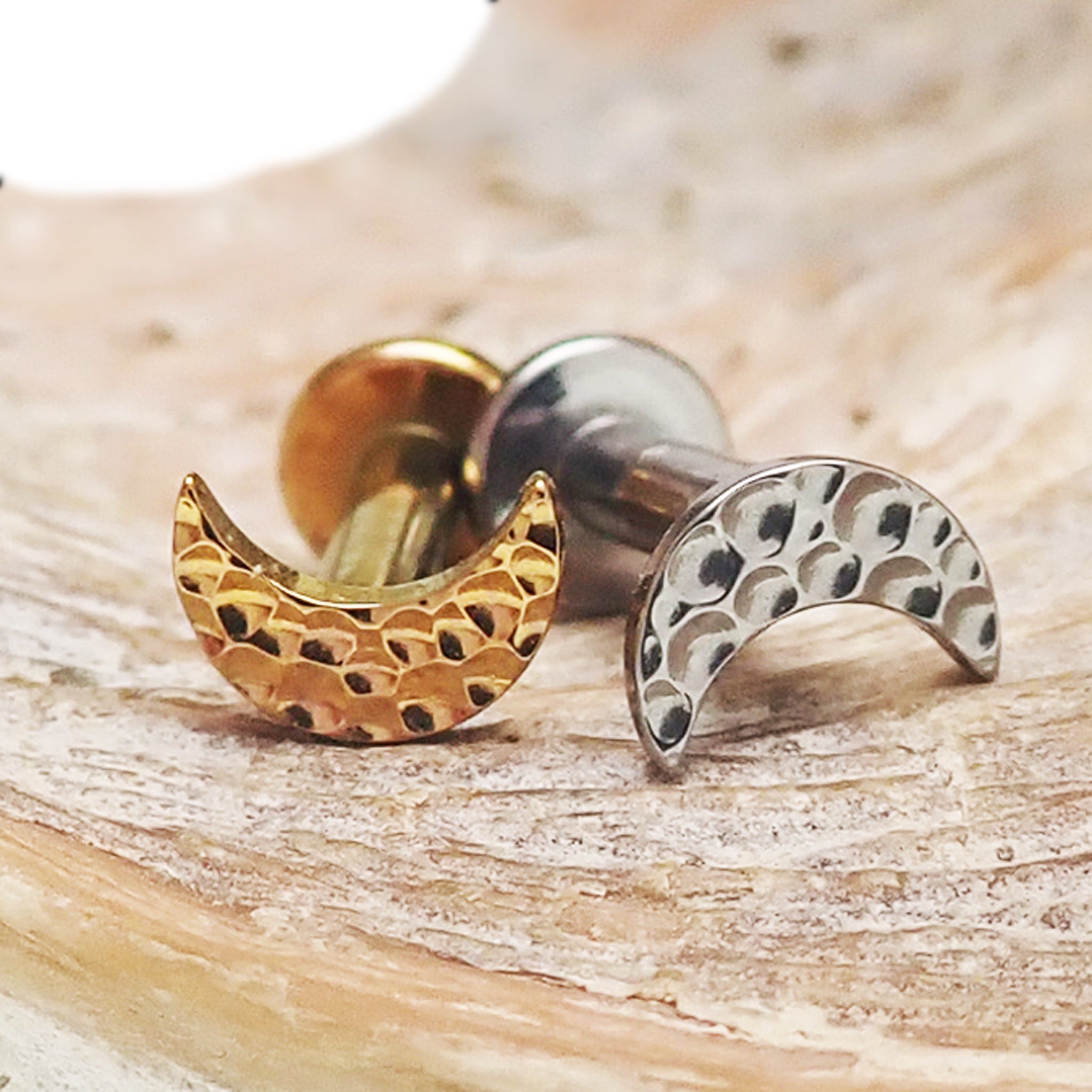 Hammered Moon Titanium top for body piercing, flat back jewelry in 16g and 14g from Body Clickers.