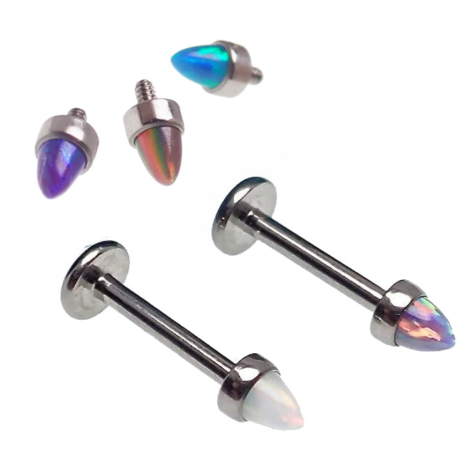 Black fire opal spike titanium flat back earring in 16g with a sleek 6mm design by Body Clickers.