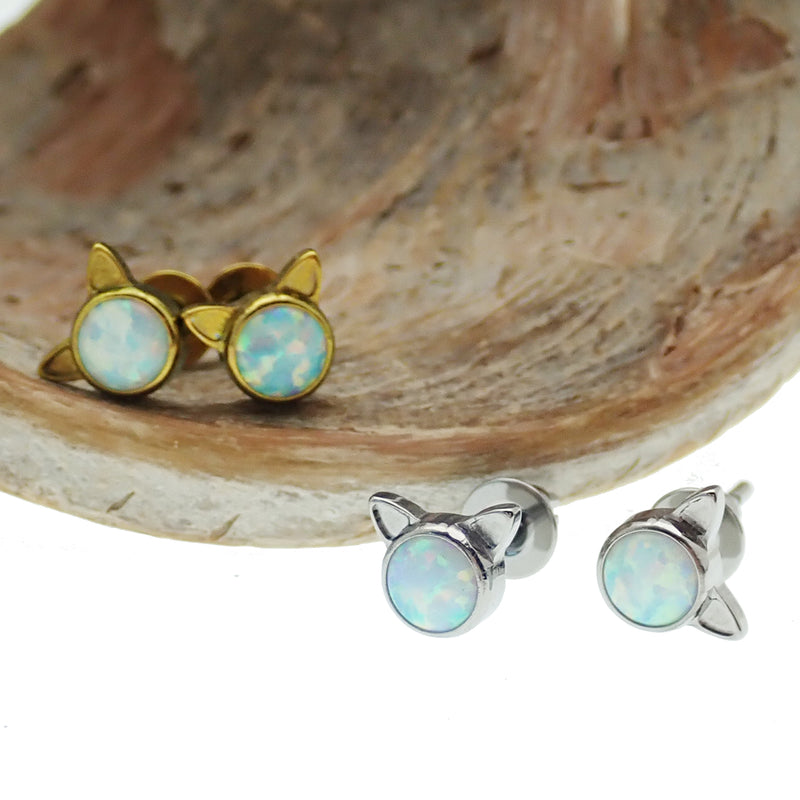 White Fire Opal Cat Titanium Earrings