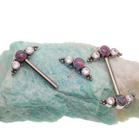 Multi lavender opal and clear CZ push-fit nipple bar by Body Clickers, 14g body jewelry for enhanced piercing style.