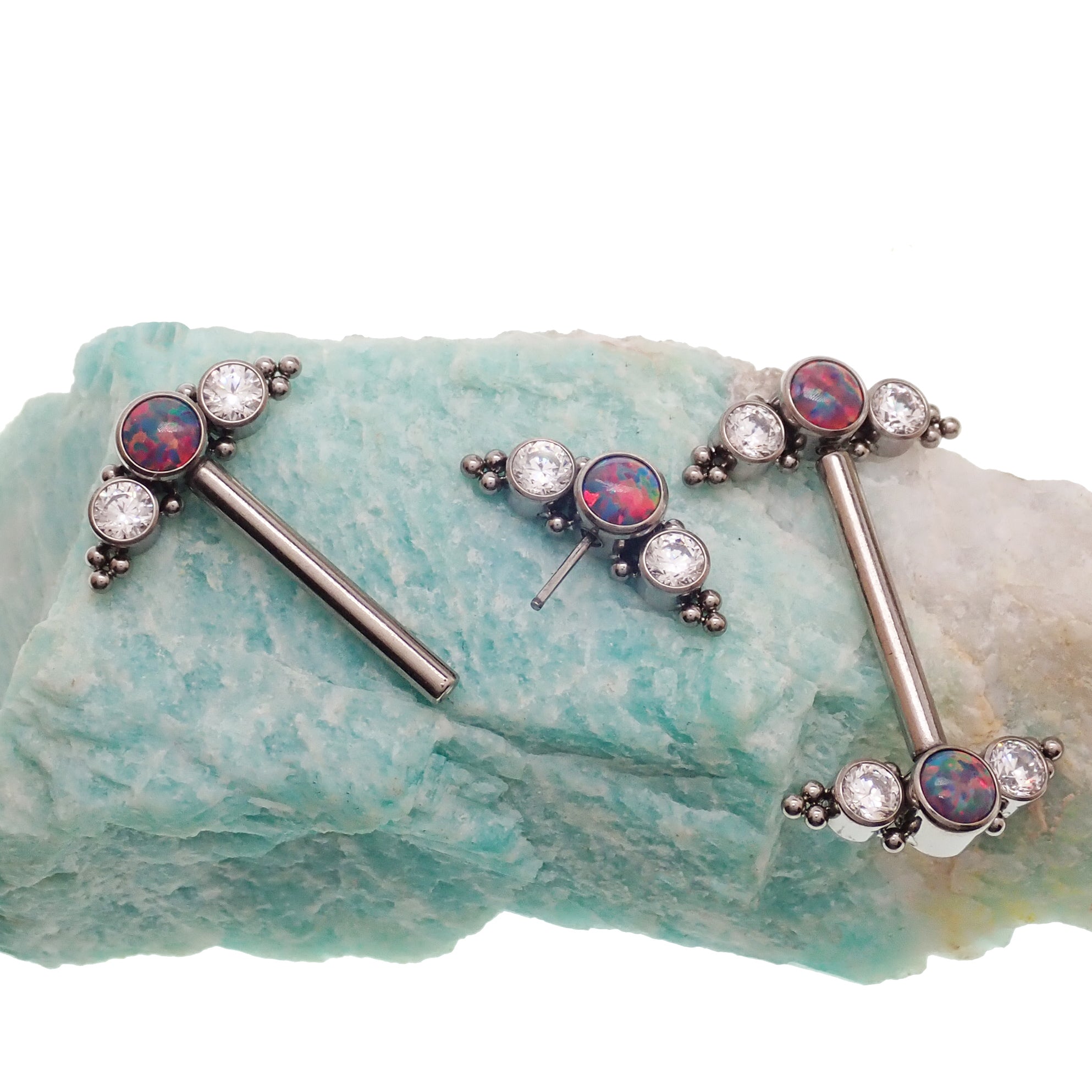 Multi lavender opal and clear CZ push-fit nipple bar by Body Clickers, 14g body jewelry for enhanced piercing style.
