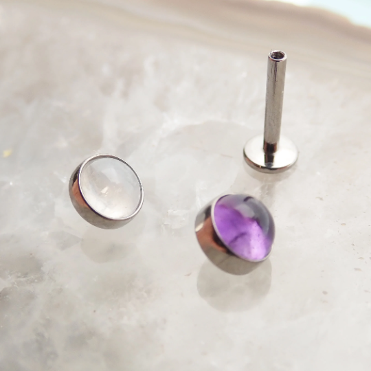 Amethyst / Cloudy Moonstone Titanium Flatback Piercing 14g