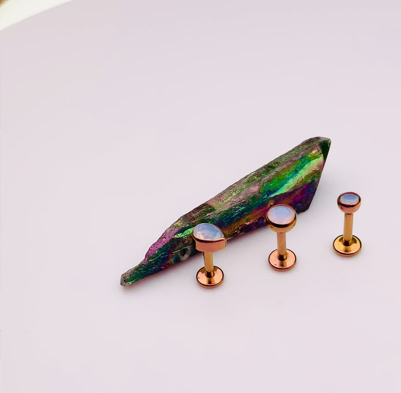 Opalite 3-Set Rose Gold Anodized Teardrop PUSH FIT Flatback Labret 20g, 18g, 16g, 14g