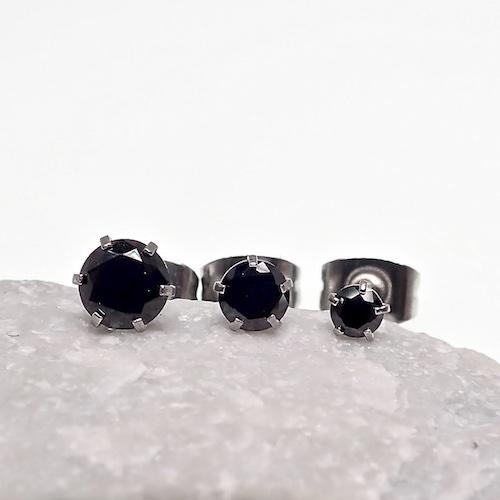 3 Pairs of Surgical Steel Prong SetJet Black Cubic Zirconia Gem Stone Stud Earrings - pure piercings