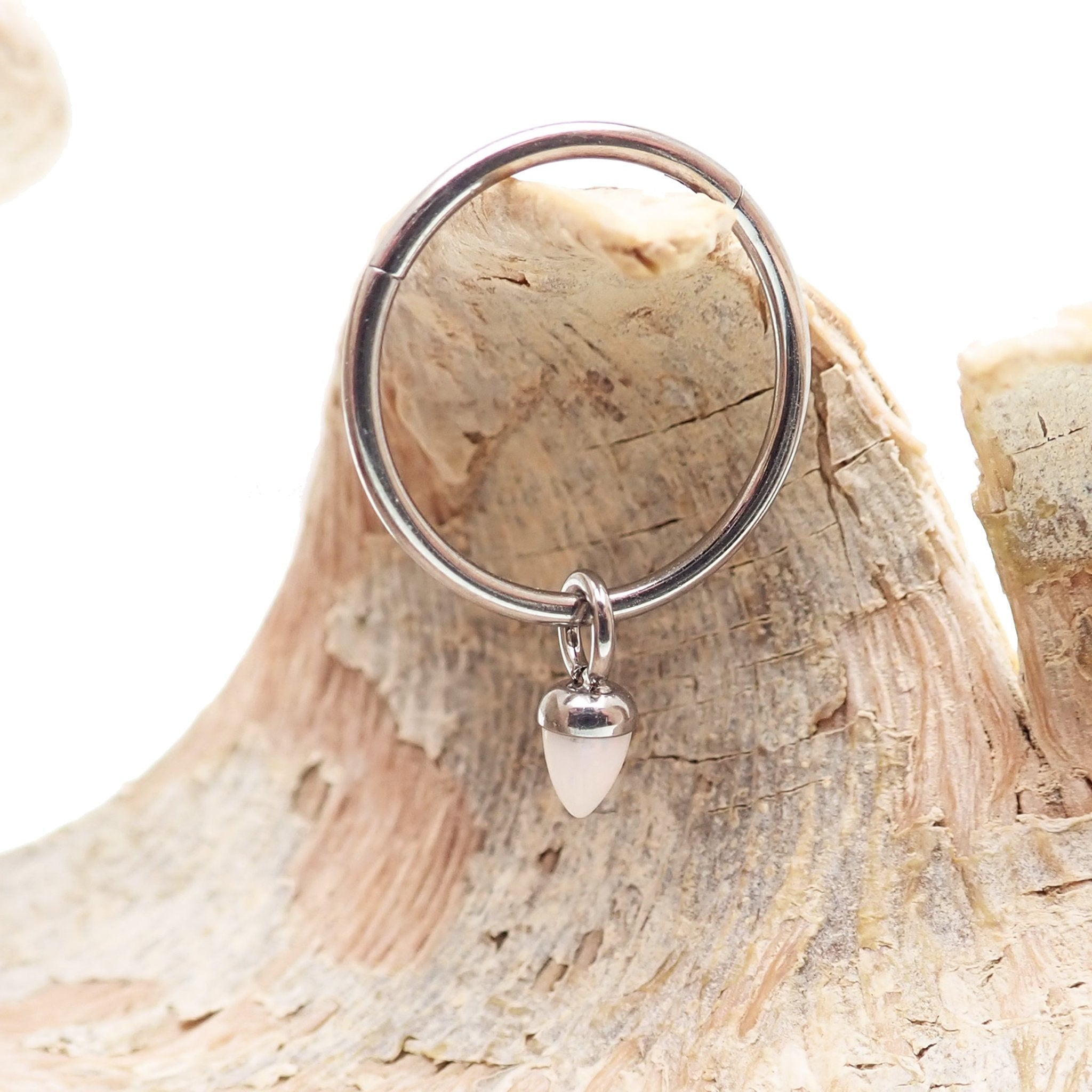 Halobes body jewelry charm featuring pink opal cone design, fits up to 10g hoops, ideal for body jewelry enthusiasts.