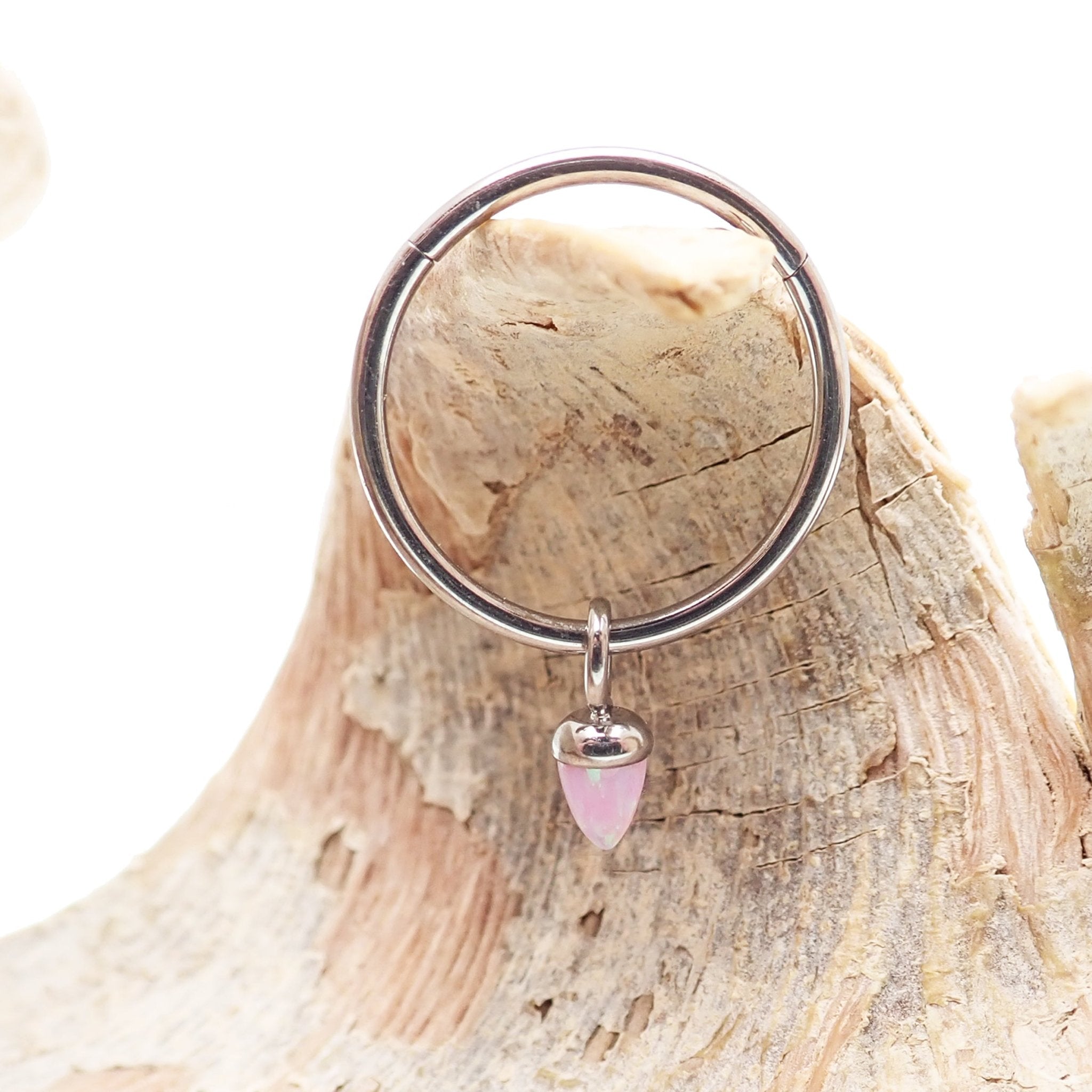 Halobes body jewelry charm featuring a pink opal cone design, suitable for up to 10g hoops, with a bubblegum pink finish.