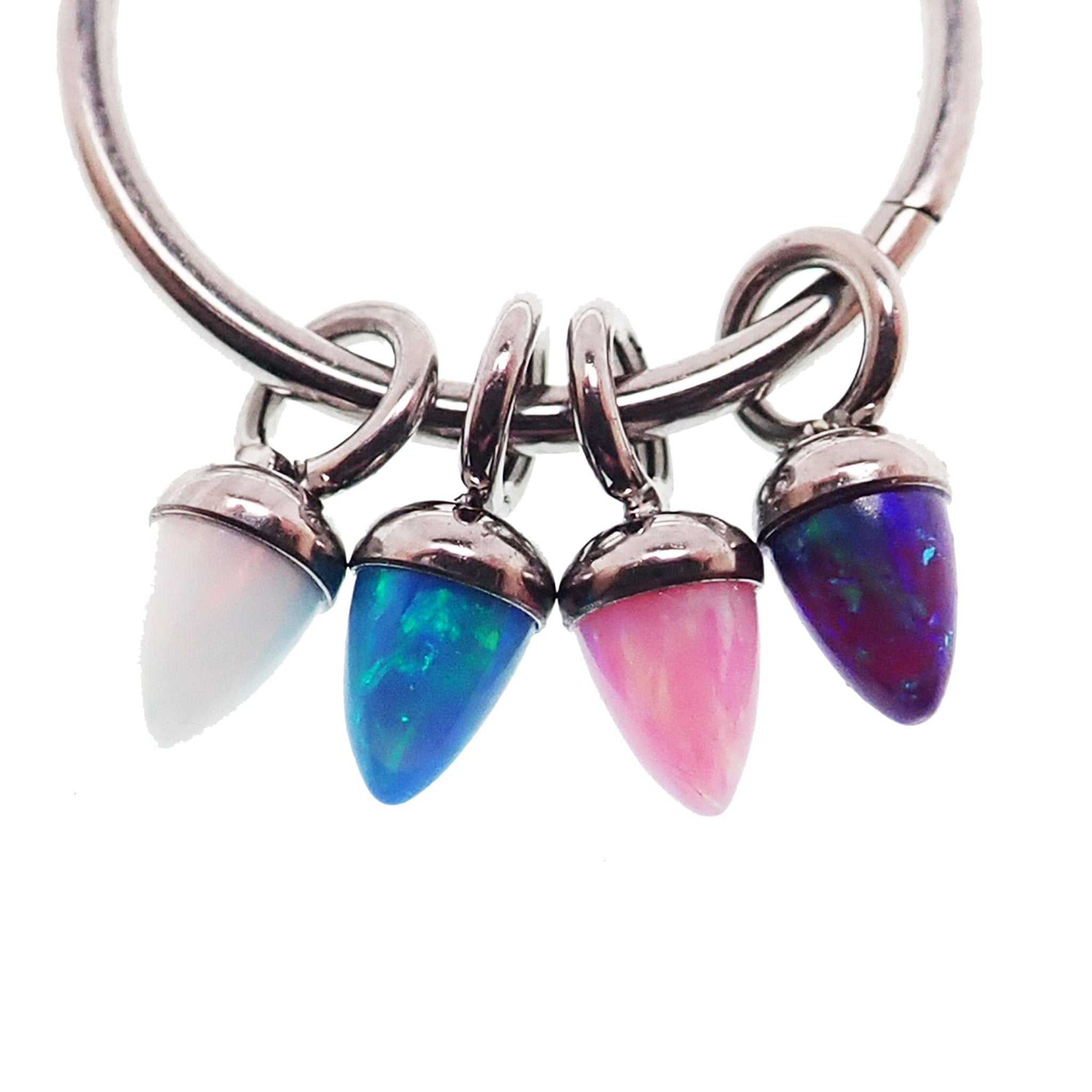 Halobes body jewelry charm featuring pink opal cone design, fits up to 10g hoops, stylish and vibrant body adornment.