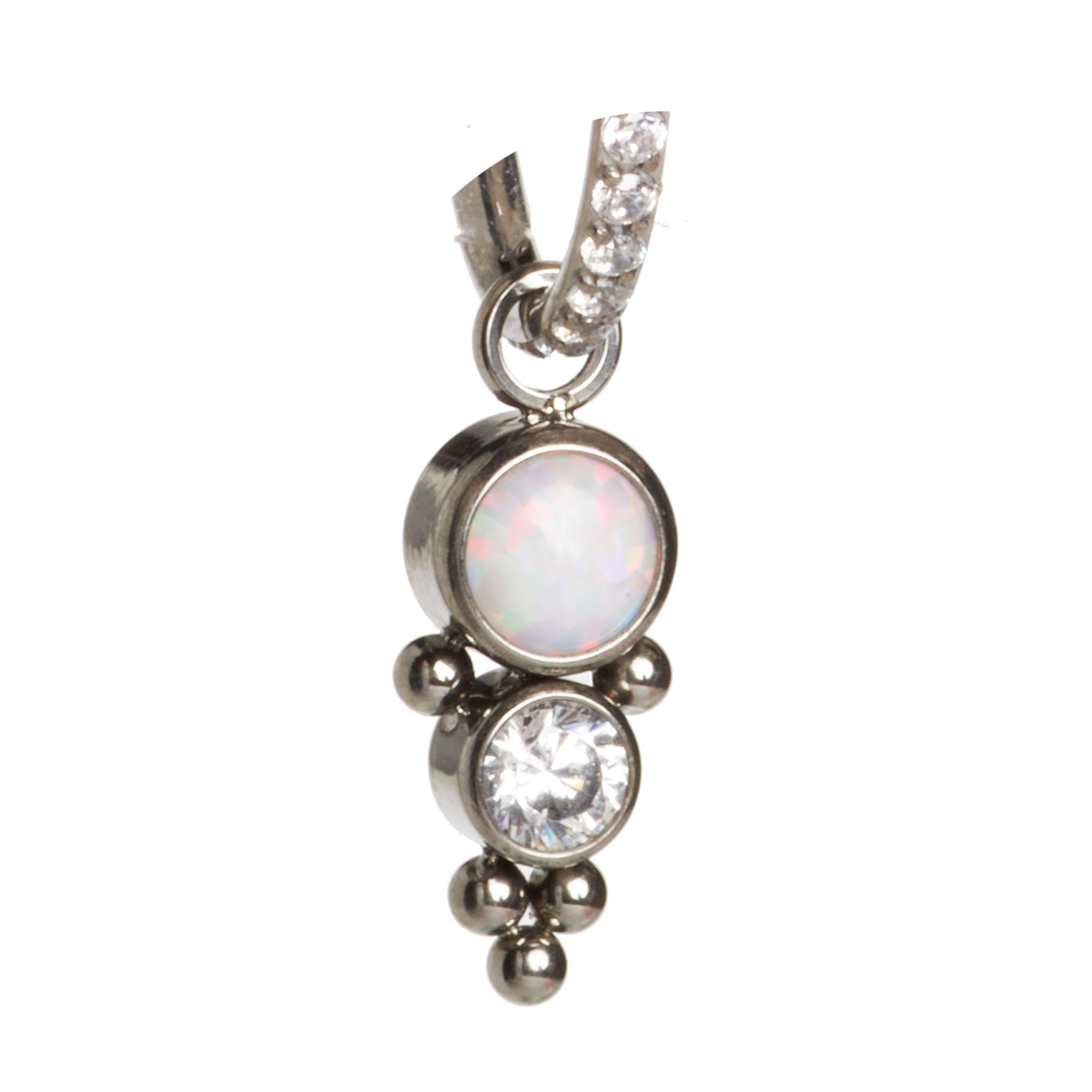 Halobes body jewelry charm featuring an opal and cubic zirconia (CZ) accents, showcasing a delicate, stylish design.